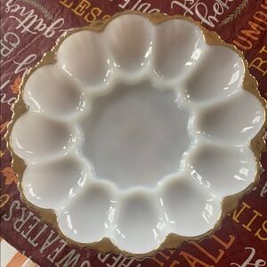 Vintage milk glass with gold trim egg dish